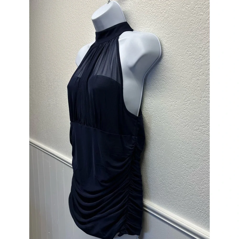 V501 Venus Women’s Sz Lg High Collar Navy Ruche Sleeveless Blouse NWOT - Picture 4 of 14